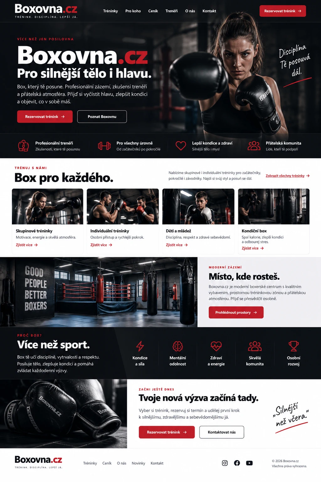 Ilustrační návrh Boxovna.cz pro boxerské sportoviště s ringem, tréninkovým vybavením a klubovým zázemím